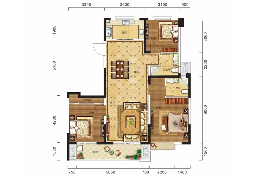 爱仕达·凤凰君庭-c户型-三室两厅两卫户型图
